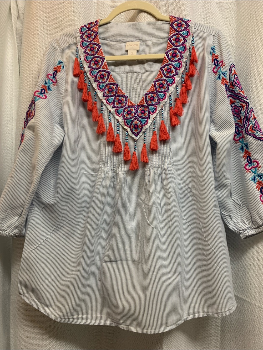 Chico’s Blue White Pinstripe Embroidered Tassel Boho Blouse Size 2/ US 12